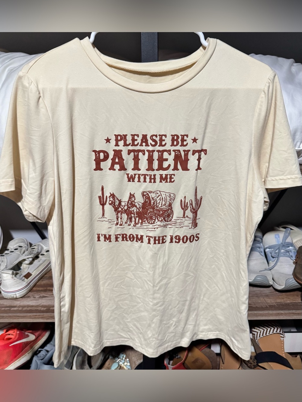 SHEIN Cream Short Sleeve Graphic Tee with Rust Western Print